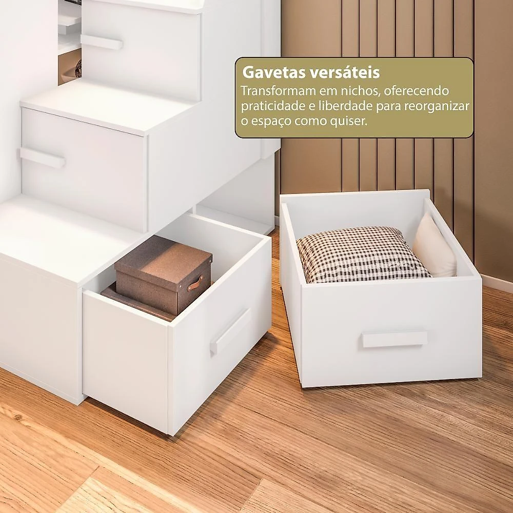 Cama Solteiro Alta com Guarda Roupa e Escrivaninha CRRUI-CAM014 MDF MDP Branco Multimóveis