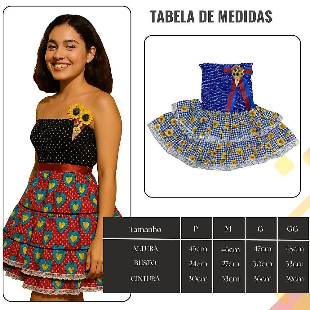 Saia Festa Junina Adulto Caipira Poliéster Tamanho m Girassol Gugudada