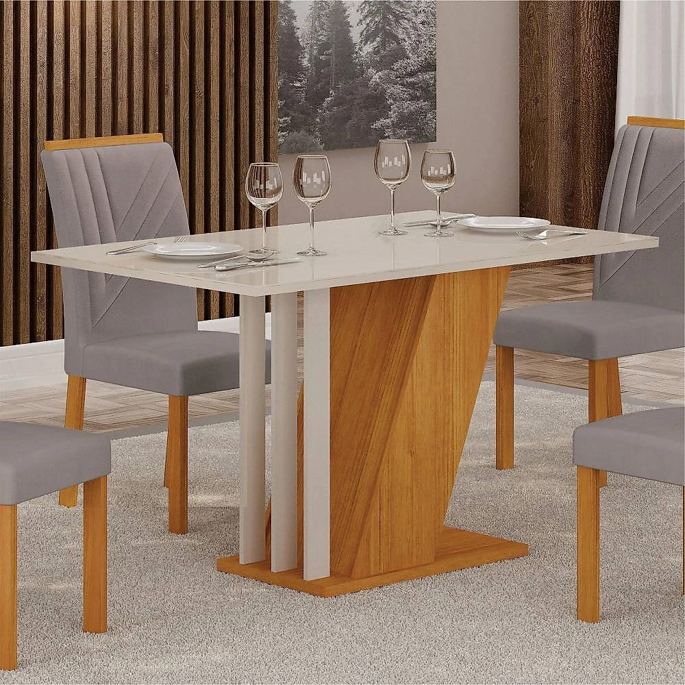 Conjunto Sala de Jantar Mesa Tampo Vidro/MDP com 4 Cadeiras Miami Yescasa Freijó/Off White