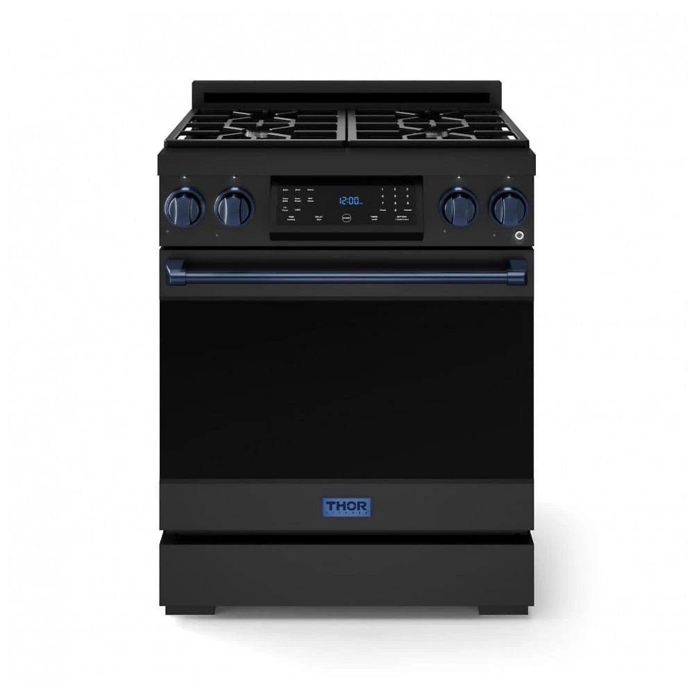 Fogão a gás GLP profissional 76cm Thor Kitchen Gordon Ramsay preto/azul marinho painel touch basculante convecção grelha contínua 129L 110V