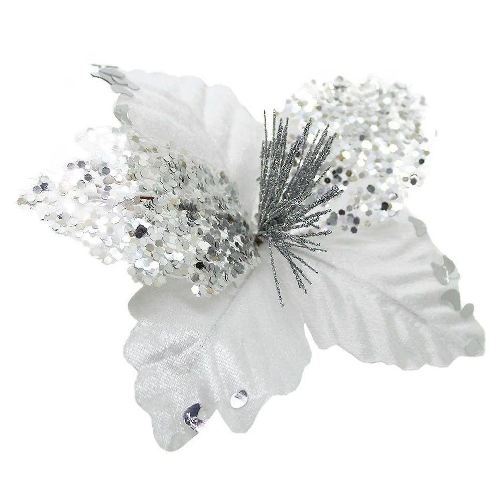 Kit 8 Flor De Natal Prata Artificial Com Brilho 19cm