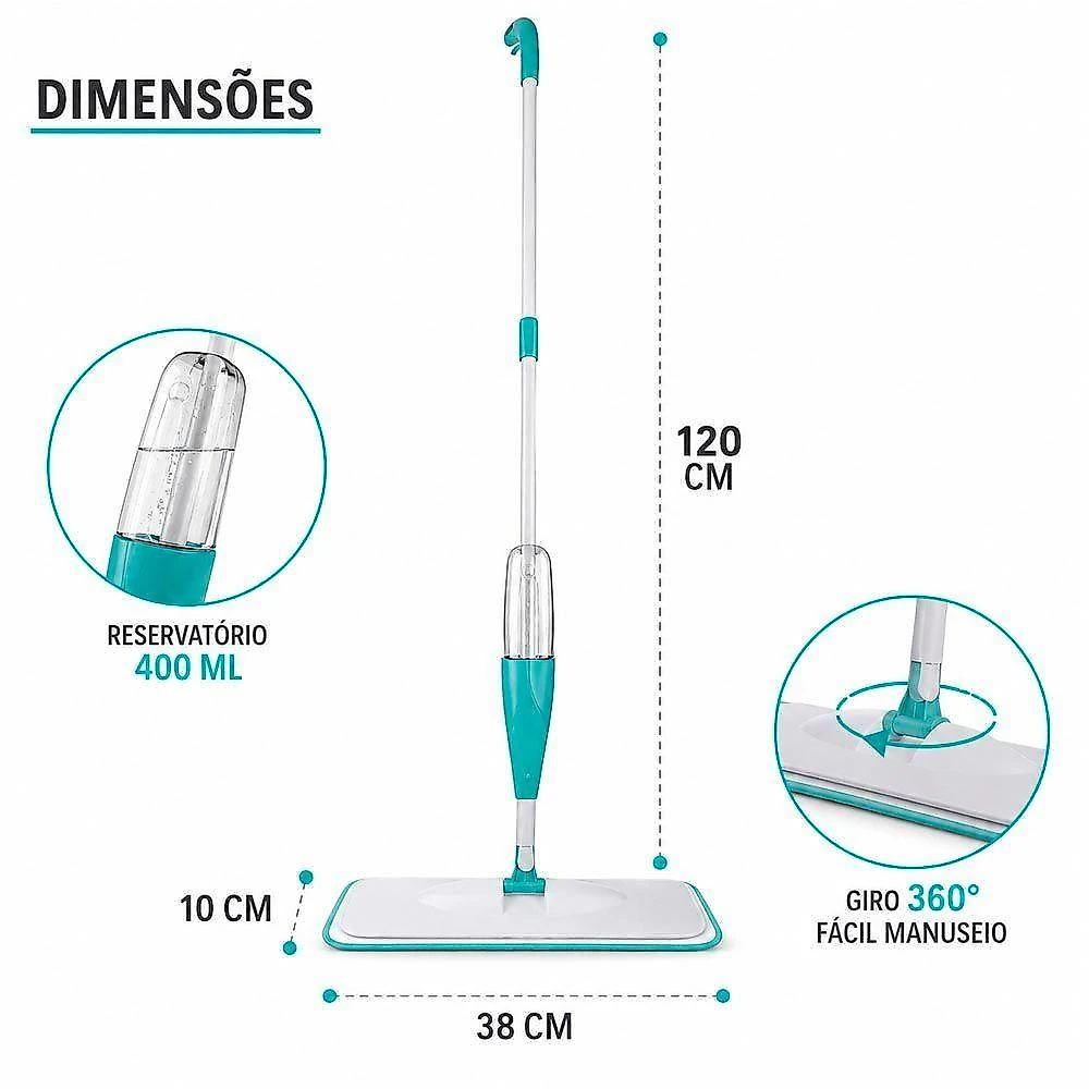 Mop Spray com Alavanca no Cabo Alumínio Base 360 graus  Reservatório 400ML para Limpeza com 3 Refis