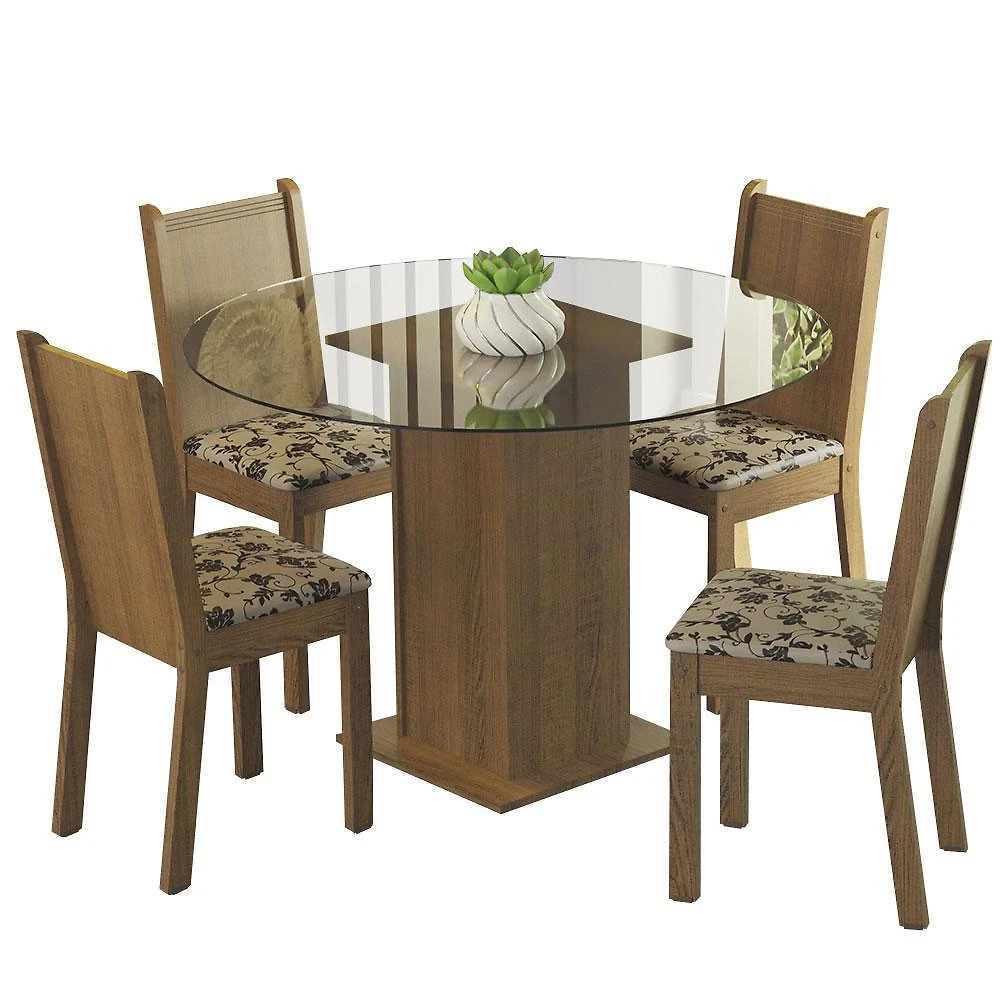 Conjunto sala de jantar madesa débora mesa tampo de vidro redondo 4 cadeiras - rustic/bege marrom