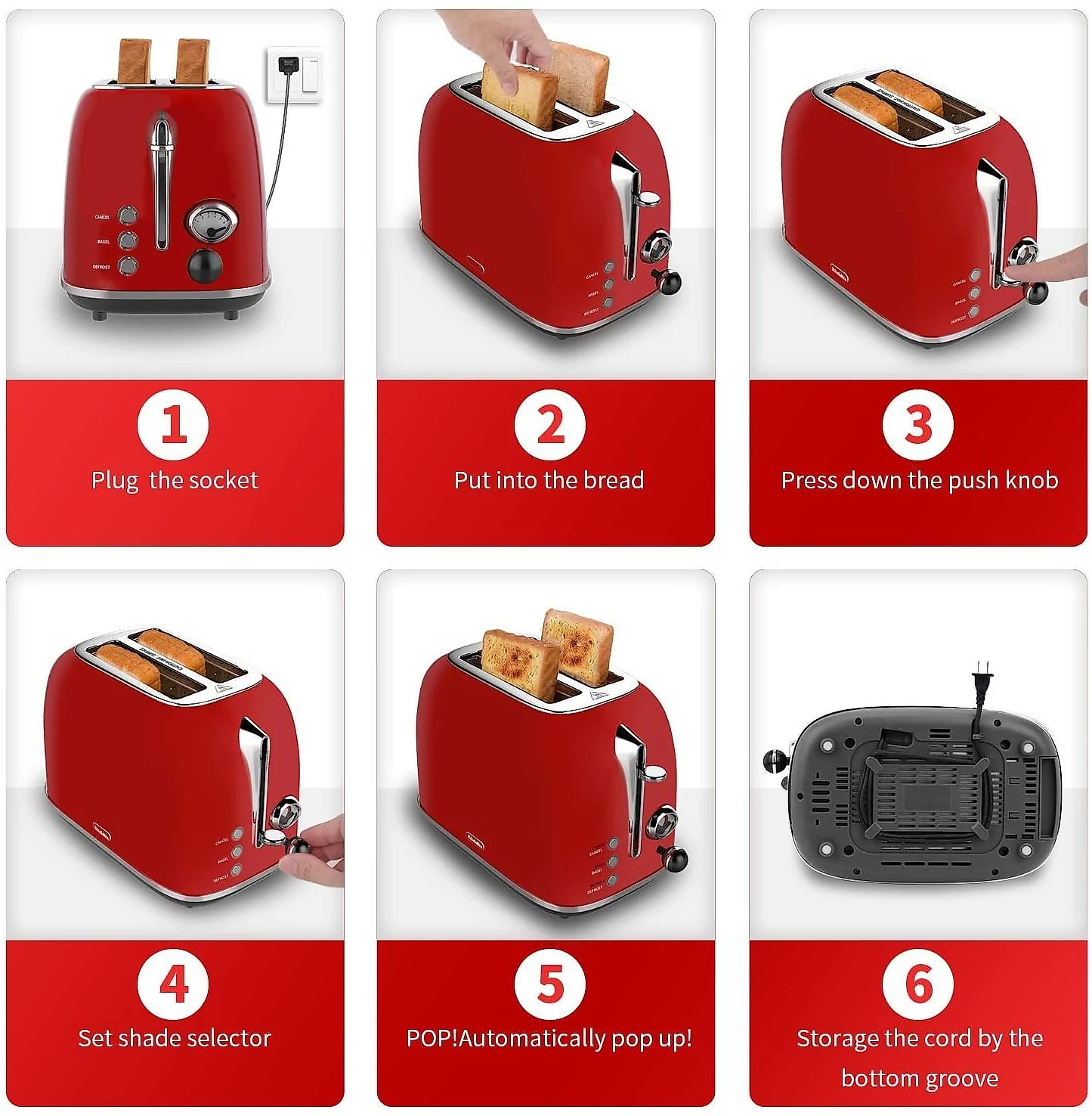 2 Slice Toaster KitchMix Retro Stainless Steel Bread Toasters with 6 Settings 15 In Extra Wide Slots BagelDefrostCancel Function Removable Crumb Tray Red