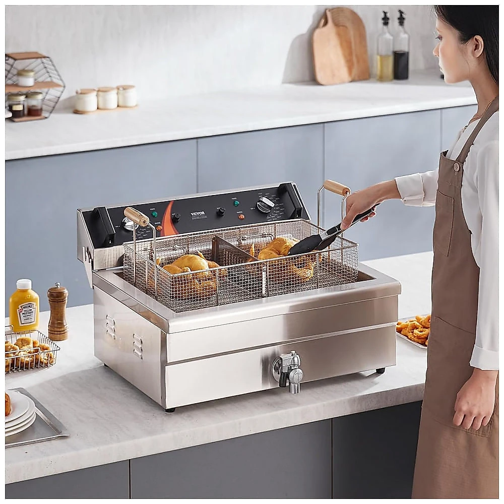Fritadeira Elétrica Comercial VEVOR 29L Duplo Elemento Inox Controle de Temperatura 110V