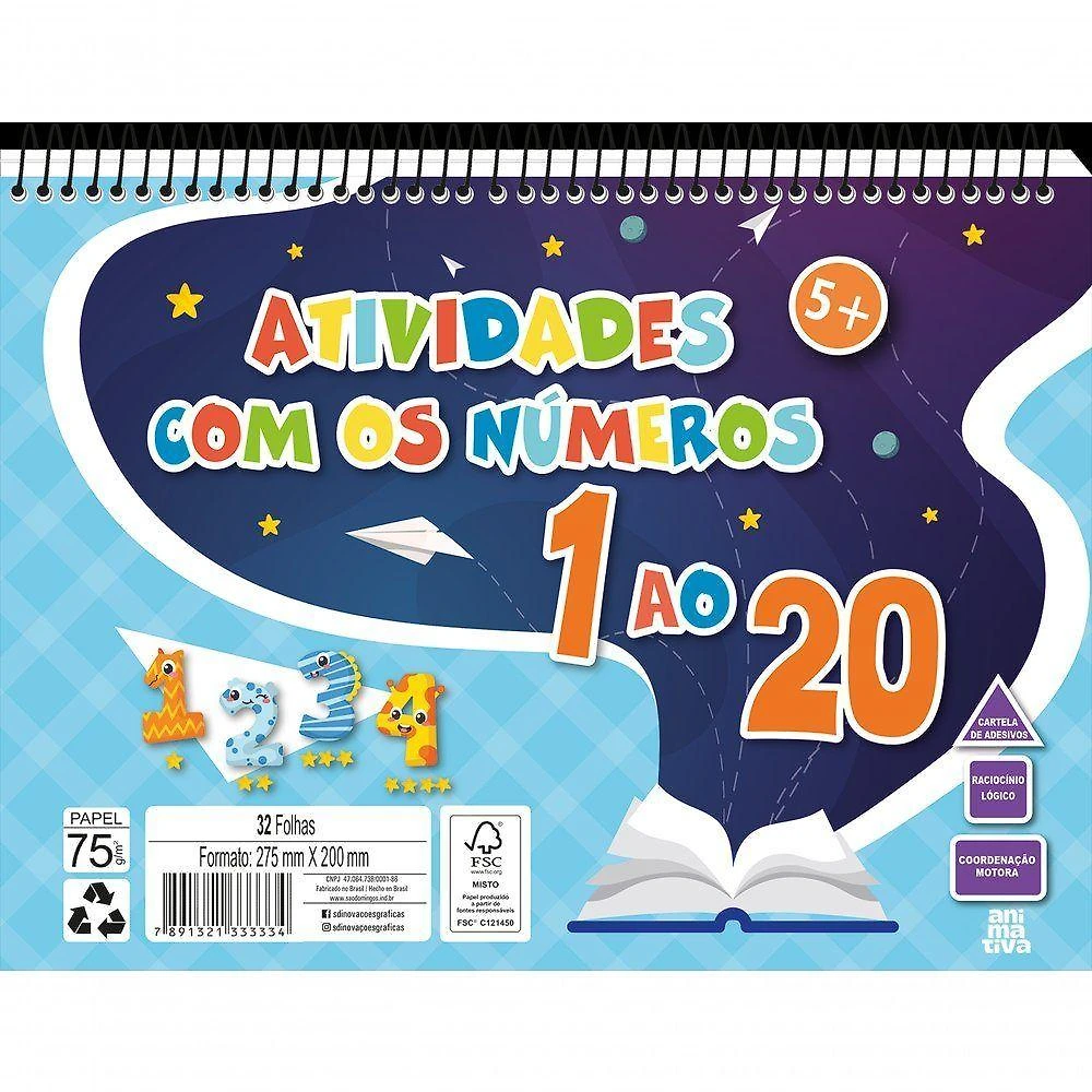 Caderno de Atividades com Números 1 a 20 Espiral 32 Folhas com Adesivos