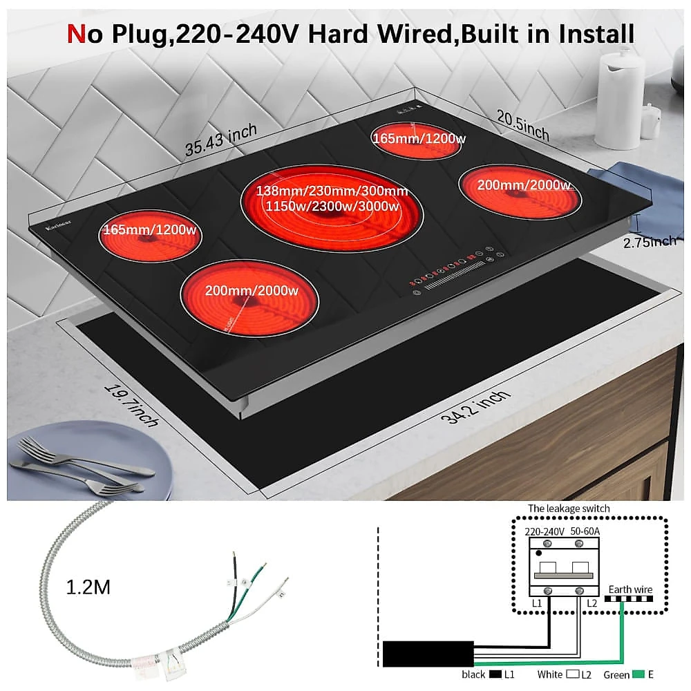Cooktop Elétrico Karinear , 5 Queimadores, Vidro Incorporado, Zonas Expansíveis, Bloqueio de Segurança, Timer, Pausa - 9200W 220-240V