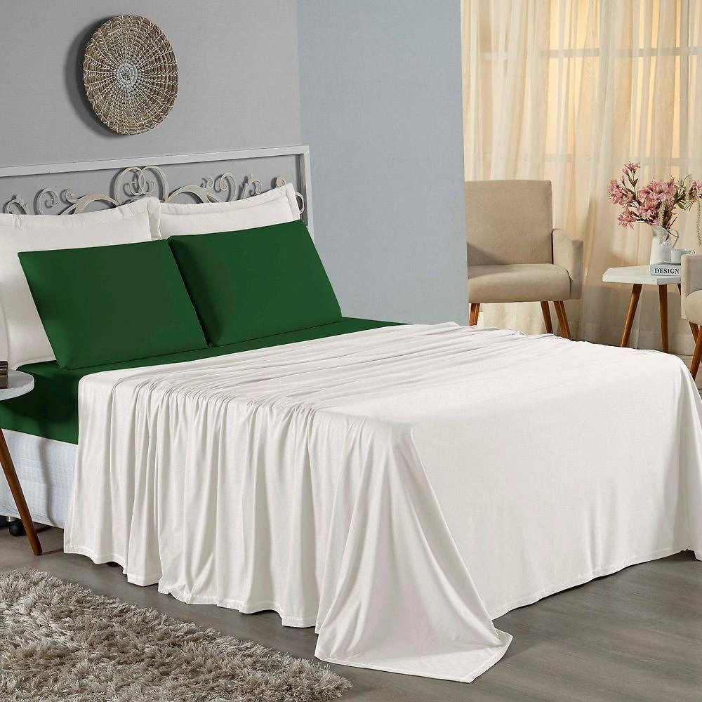 Jogo De Cama Casal Nobre 4 Peças Lençol Com Elástico De 30cm De Altura Malha 100% Algodão - Palha / Verde-bandeira