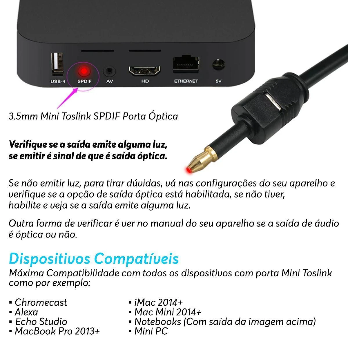 Cabo Óptico Áudio Digital Mini Toslink 3,5Mm Spdif 10 Metros