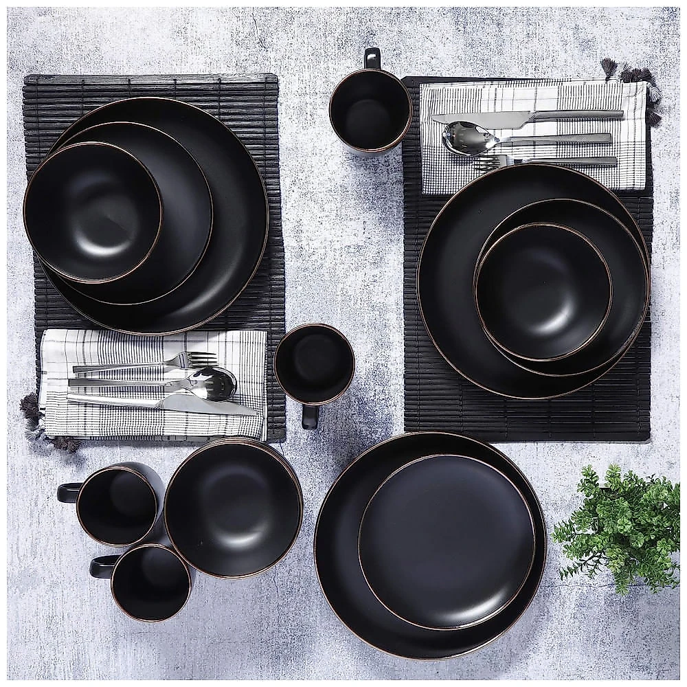 Aparelho de Jantar com 16 Peças em Cerâmica Stoneware Serve 4 Pessoas, Gibson Home Rockaway, Preto