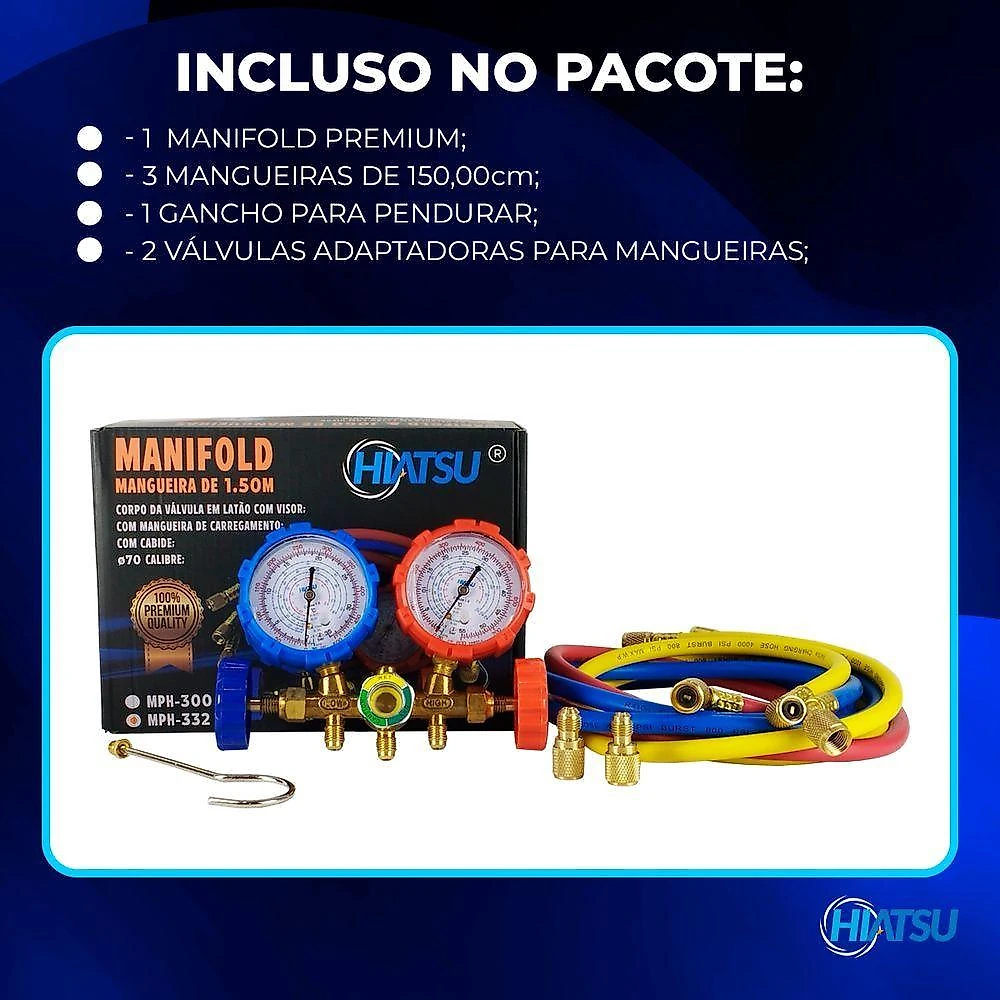 Manifold Premium Gás R22 R32 R134a E R410a Com Mangueiras 1,50m E Adaptadores Mph-332 Hiatsu