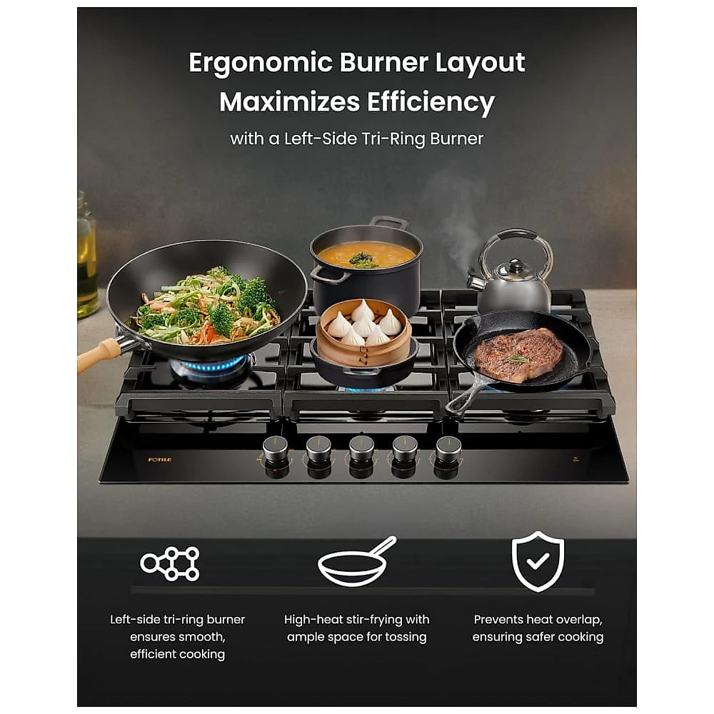 Cooktop a gás 5 queimadores Fotile vidro temperado preto queimador triplo 18.000 BTU layout em losango 110V