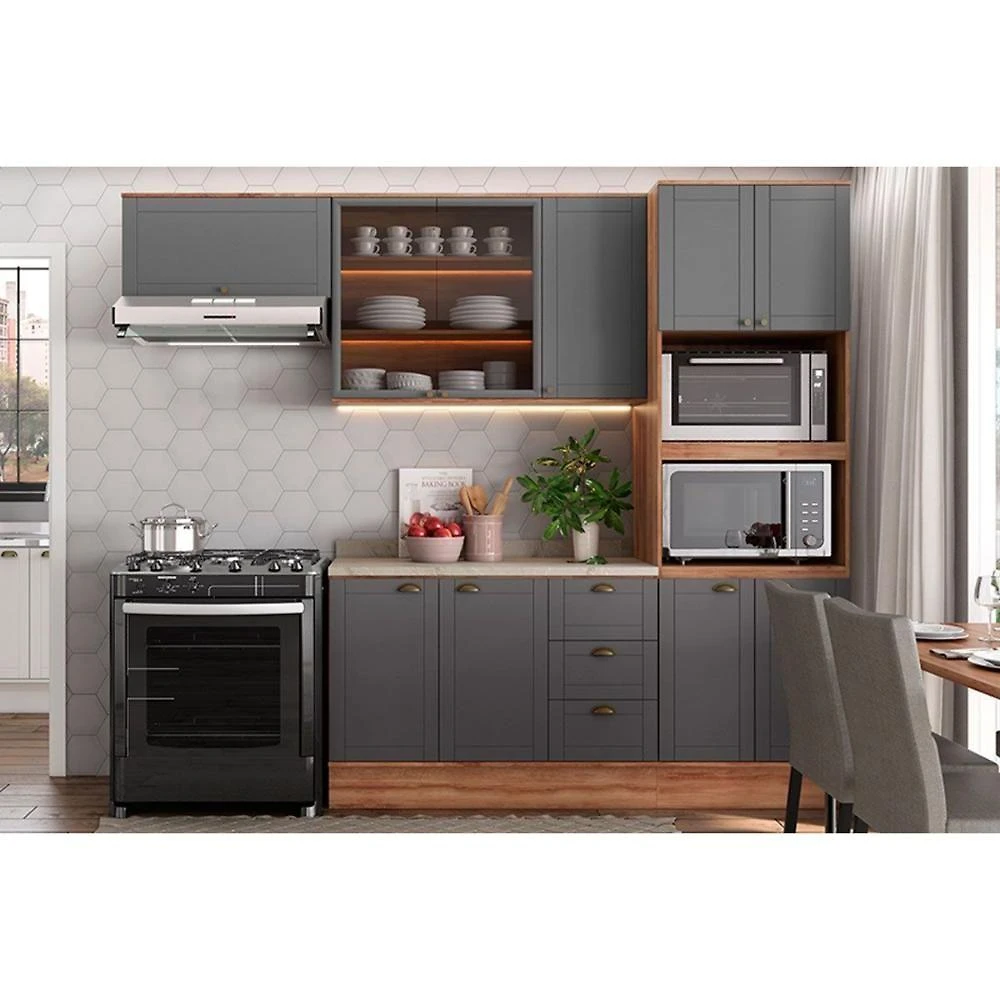 Kit Cozinha Modulada 4 Peças Bella 2 Aéreos + 1 Balcão + 1 Torre Quente C4p197 Nogal Cinza
