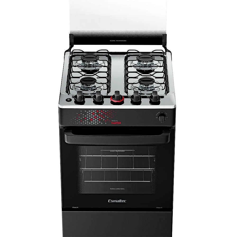 Fogão A Gás Mesa Inox Tampa De Vidro Forno 50L Esmaltec Ideal Master Preto 4 Bocas Bivolt
