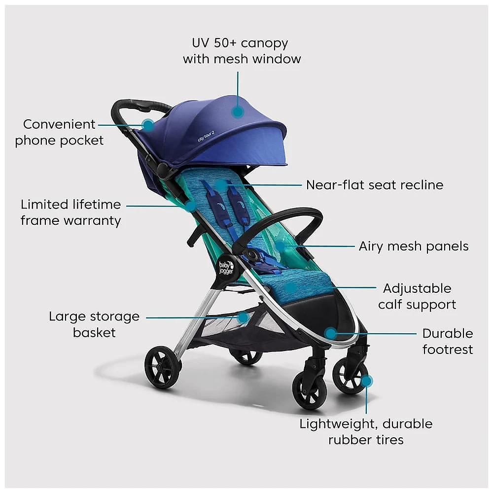 Carrinho de Bebê Ultracompacto com Proteção Contra Intempéries e Bolsa de Transporte, Baby Jogger  City Tour 2, Azul