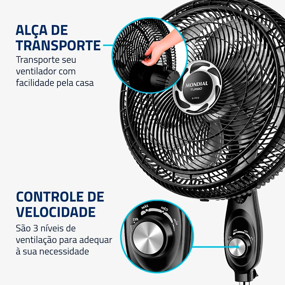 Ventilador de Coluna Mondial Turbo 40cm 8 Pás 3 Velocidades Preto e Prata - 220V