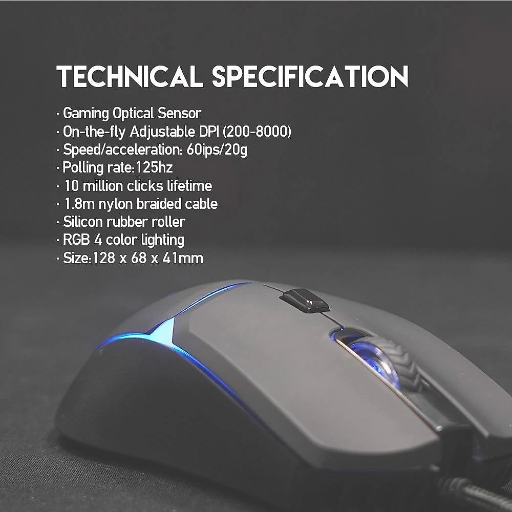 Mouse Gamer com Fio Fantech Crypto VX7, 8000 DPI 6 botões, Preto - Crypto VX7 B