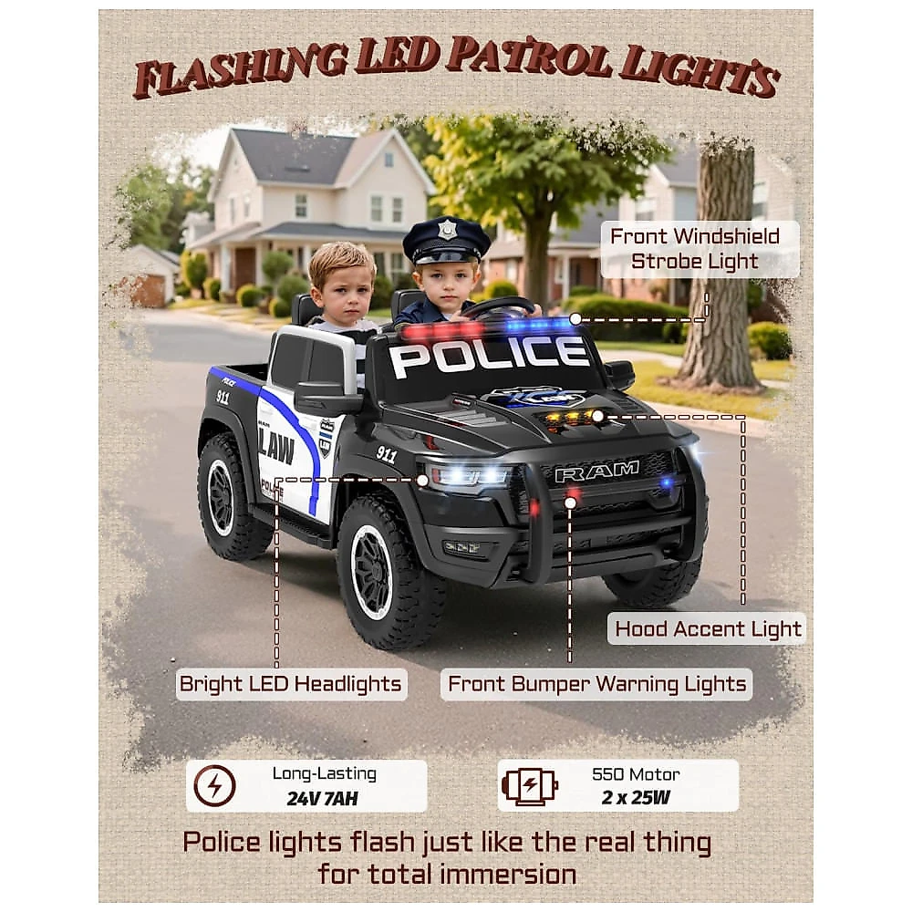 Carro Elétrico Infantil Polícia RAM 1500 24V Preto 2 Lugares com Controle Remoto, Sirene, Luzes Piscantes e Baú