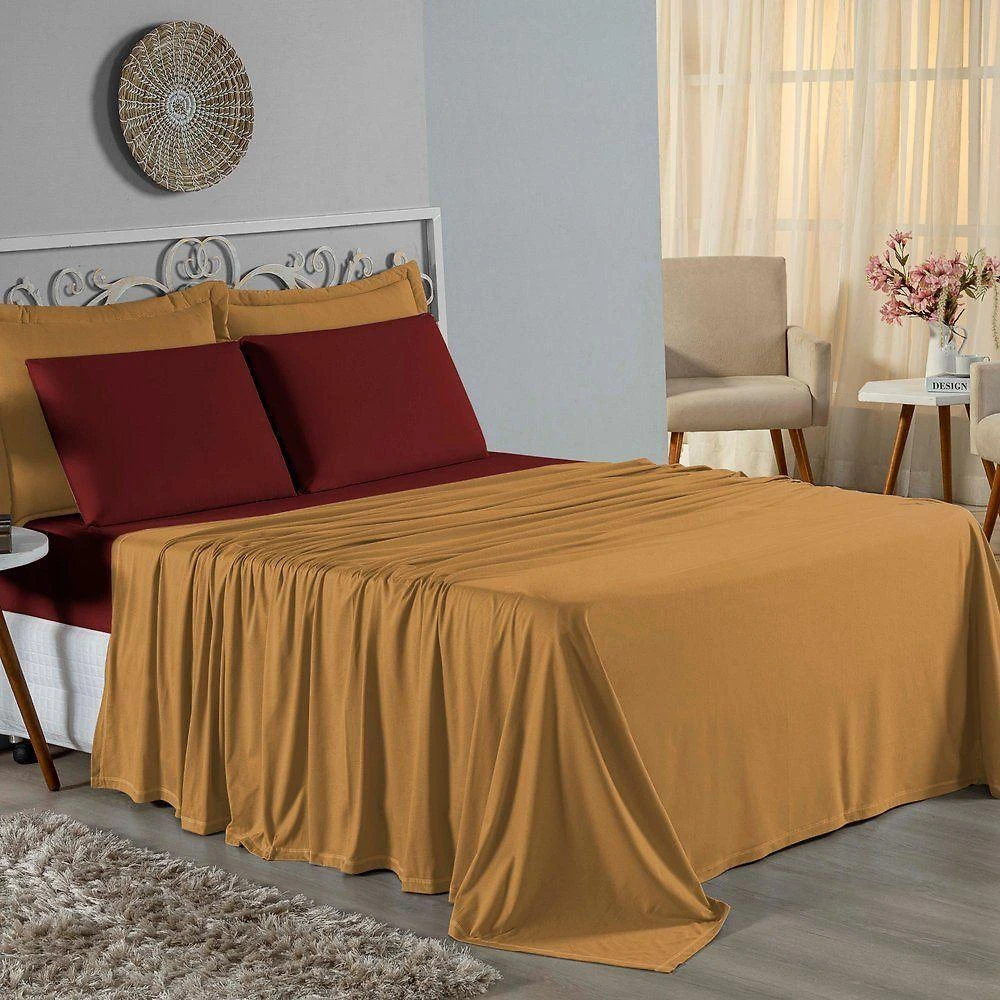 Jogo De Cama Solteiro Nobre 3 Peças Lençol Com Elástico De 30cm De Altura Malha 100% Algodão - Cobre / Vinho