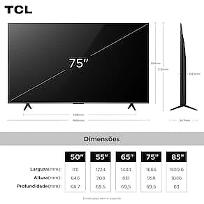 Smart TV 75” TCL QLED 4K Ultra HD 75P7K com Sistema Operacional Google TV, HDR10+, HDMI 2.1, Chromecast built-in, Dolby Vision e Atmos
