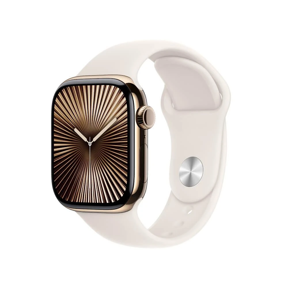 Apple Watch Series 10 GPS + Cellular • Caixa dourada de titânio – 42 mm • Pulseira esportiva estelar – M/G