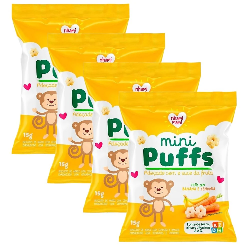 Kit 4 Biscoito Nhami Mami Mini Puffs Snack Banana e Cenoura 15g