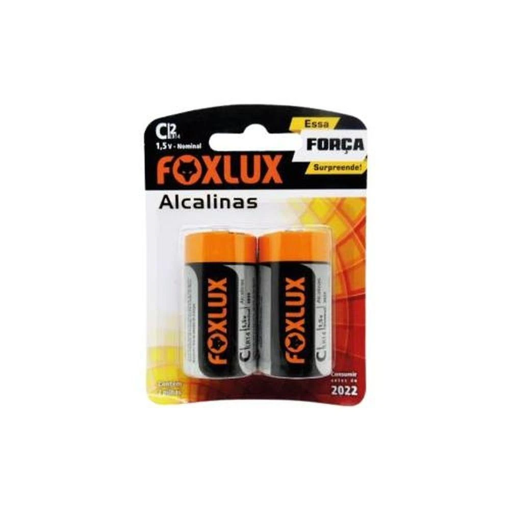 Pilha Alcalina Tipo C Media Foxlux LR14 1,5V Alta Duracao Embalagem 2 Unidades Cinza
