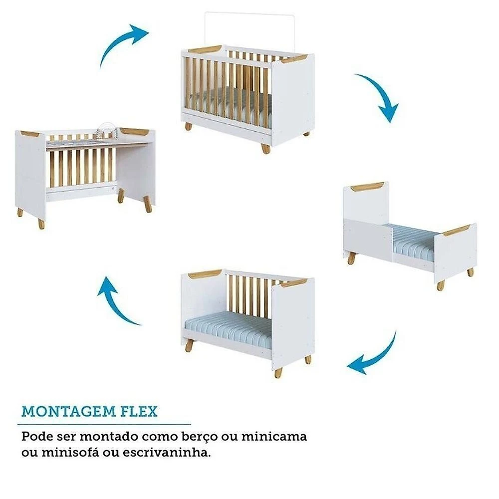 Quarto de Bebê com Guarda-roupa 3 Portas Cômoda e Berço 4em1 Minicama 100% Mdf Mike Espresso Móveis Branco Brilho/Amêndoa