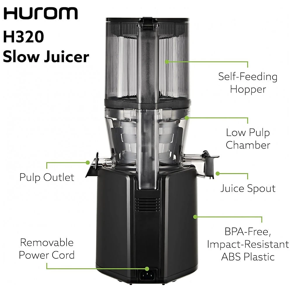 Extrator de Sucos Hurom Black H320 com Conjunto de Facas de Aço Alemão, Máquina de Suco de Pressão a Frio Autocomedora, Lâminas Revestidas