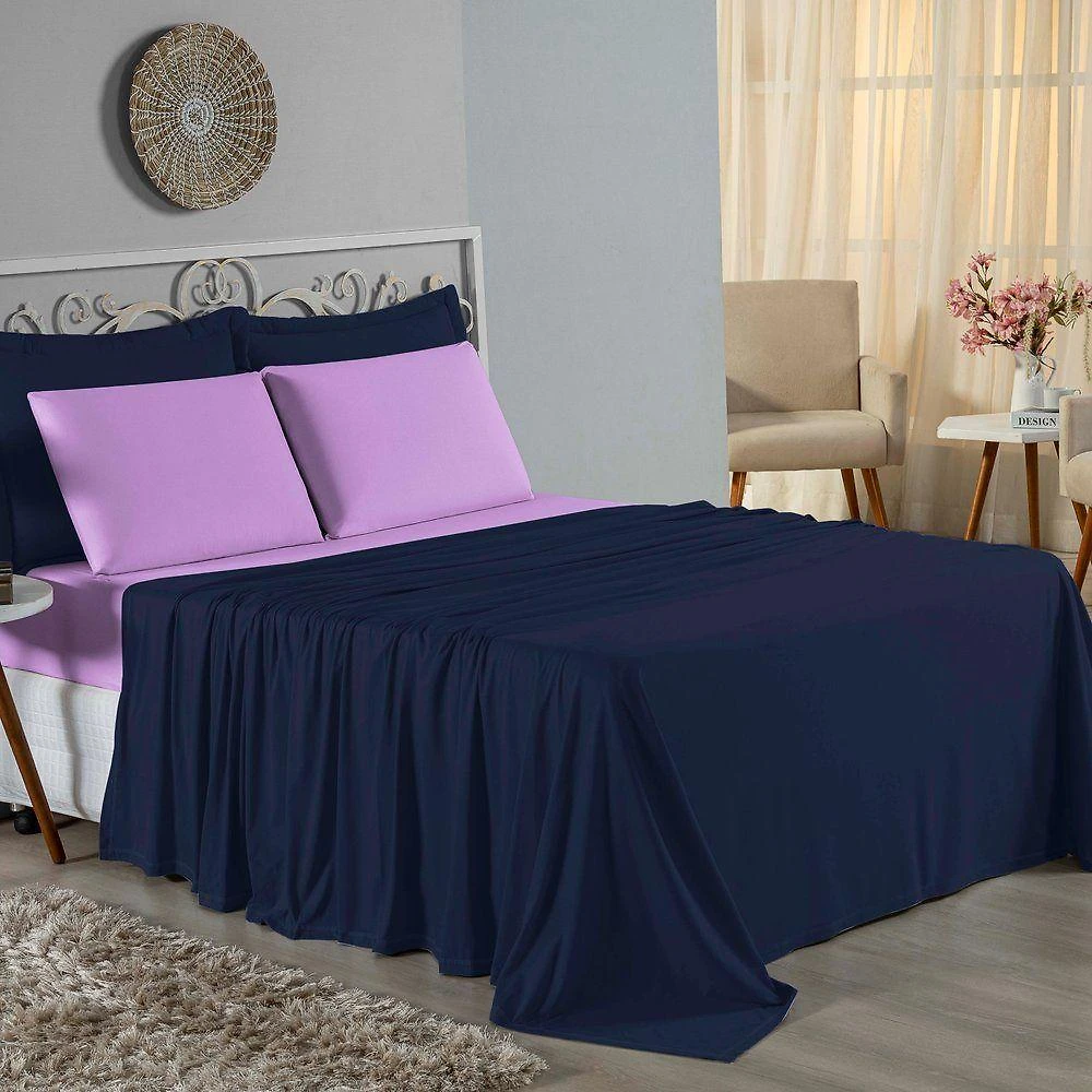 Jogo De Cama Casal Nobre 4 Peças Lençol Com Elástico De 30cm De Altura Malha 100% Algodão - Azul-marinho / Lilás