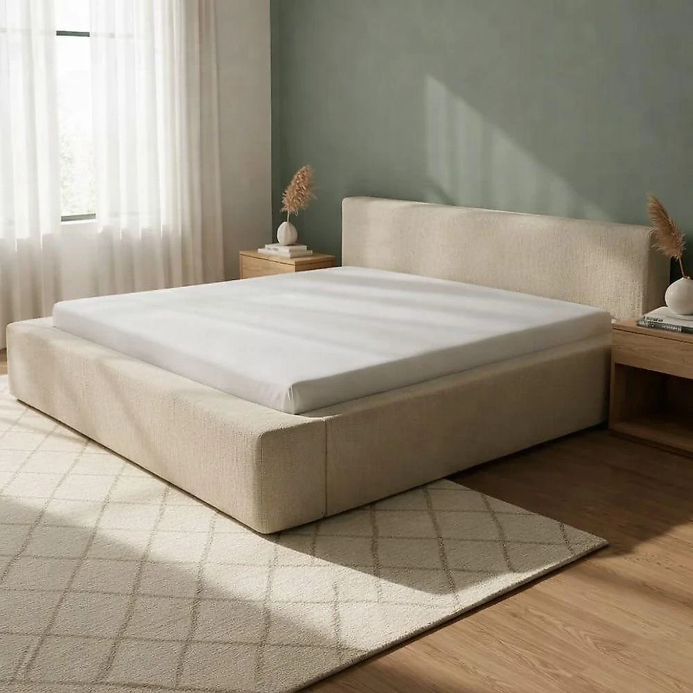 Cama Estofada Queen Lumina Base Baixa em Linho Premium Ocre Jasper Móveis