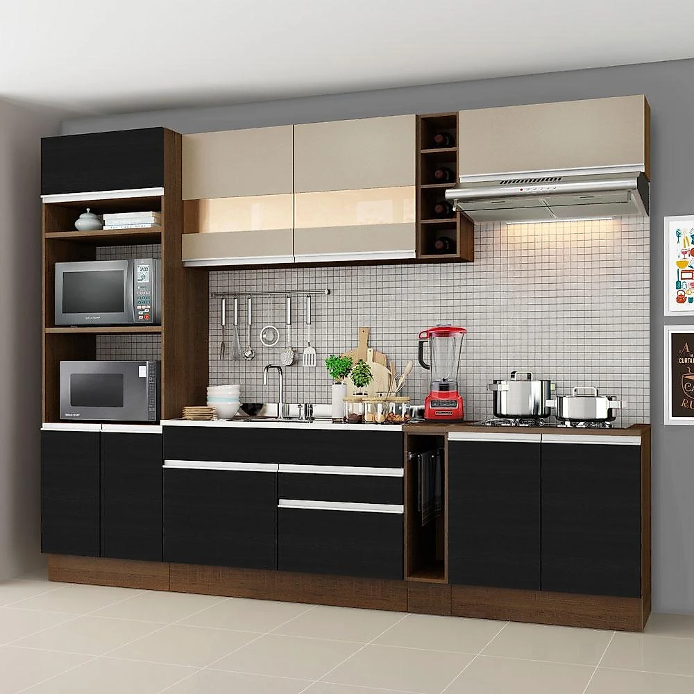 Armário de cozinha completa madesa vicenza com balcão (sem tampo e pia) - rustic/preto rustic/preto/crema