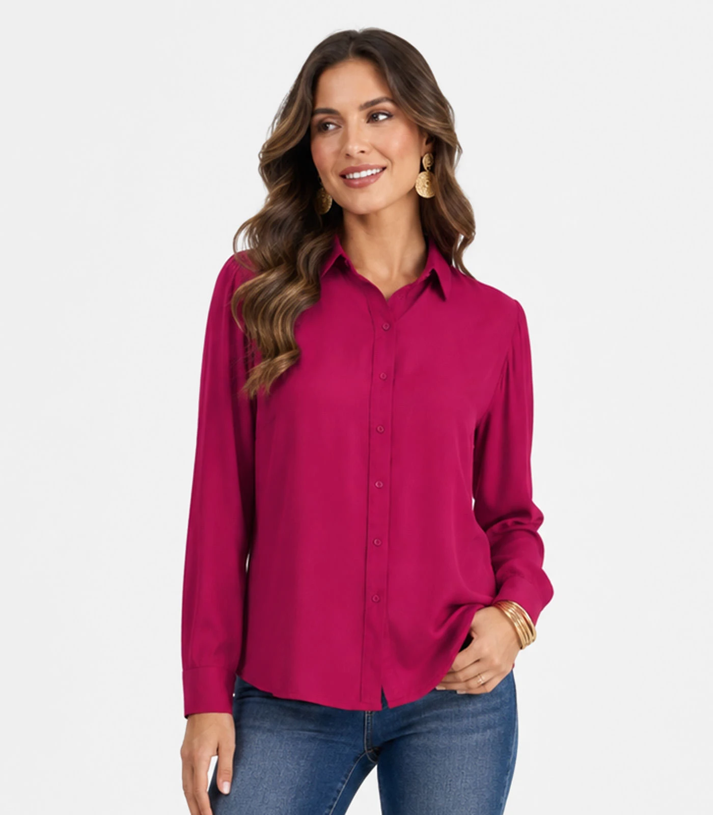 Camisa Feminina Manga Longa Em Viscose Slub Aishty Rosa