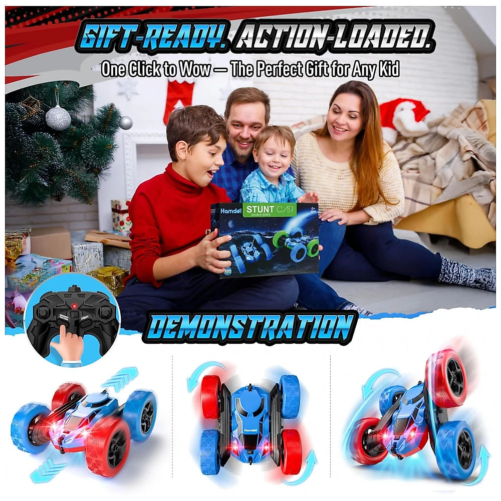 Carrinho de controle remoto STEM Hamdol Red & Blue dupla face com luzes LED e giros 360°