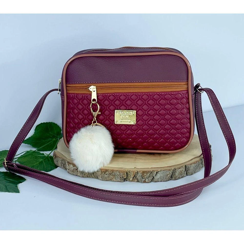 Bolsa Feminina OEM Alça Transversal Estampa Moderna com Pompom 19x23x9 cm Vinho Adulto