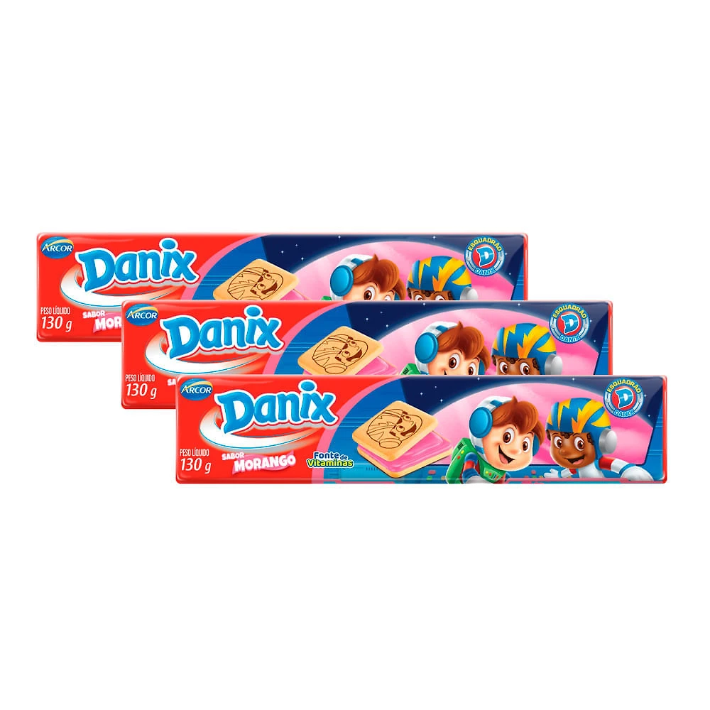 Kit 3 Biscoito Recheado Danix Sabor Morango com 130g