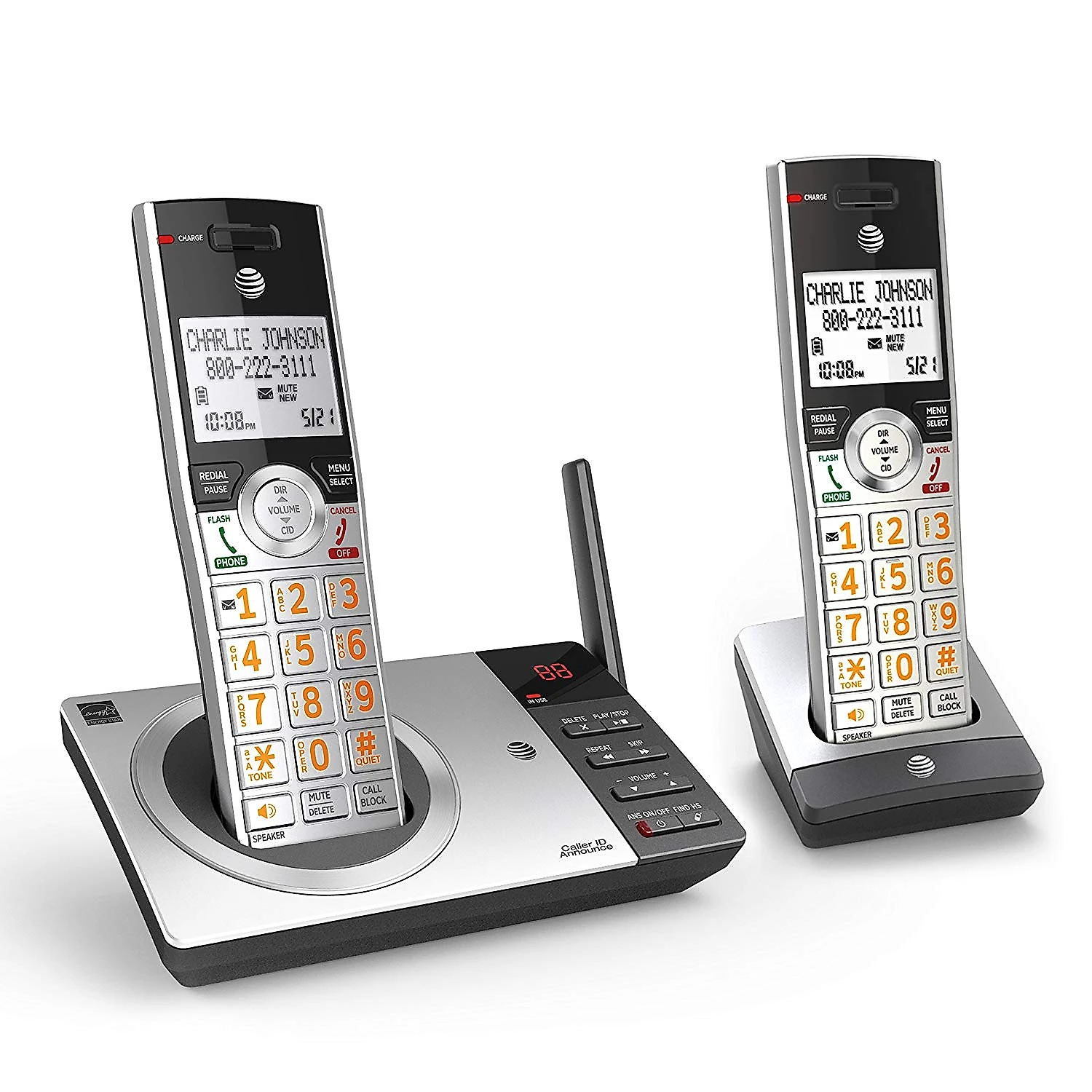 Dois 2Telefones Sem Fio AT e T Expansível Sistema de Atendimento Bloqueador de Chamadas inteligente prateado