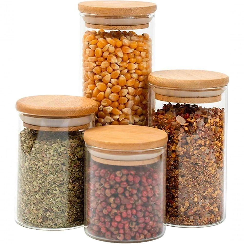 Kit 4 Potes de Vidro Hermeticos Tampa de Bambu para Especiarias Graos Alimentos Secos Bege Tudo