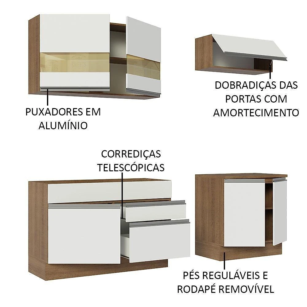 Armário De Cozinha Completa 200cm Rustic/branco Glamy Madesa 07 Rustic/branco