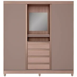Miniatura Guarda-Roupa Casal Bartira Fortaleza II 2 Portas de Correr 4 Gavetas Externas 1 Espelho Fixo MDP - 184,5cm de Largura Avelã/Capuccino