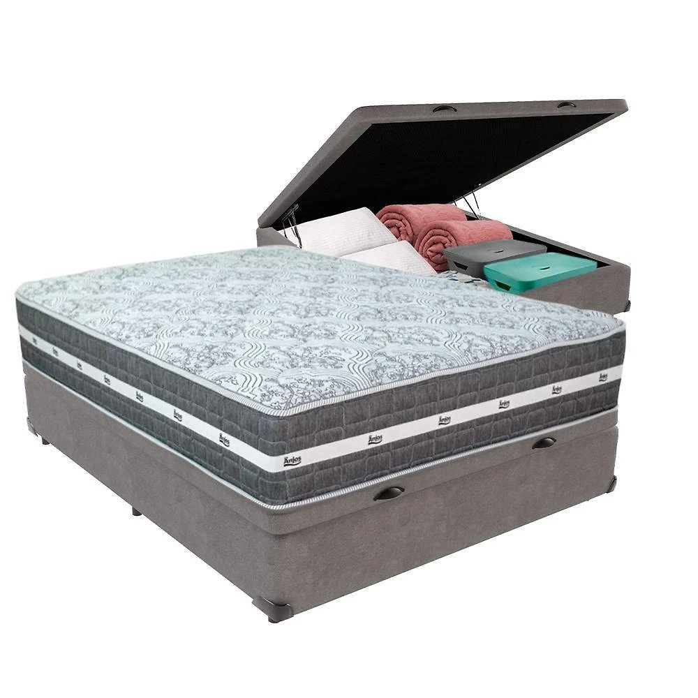 Cama Box Com Baú Cinza E Colchão Casal Black Grafit Anjos