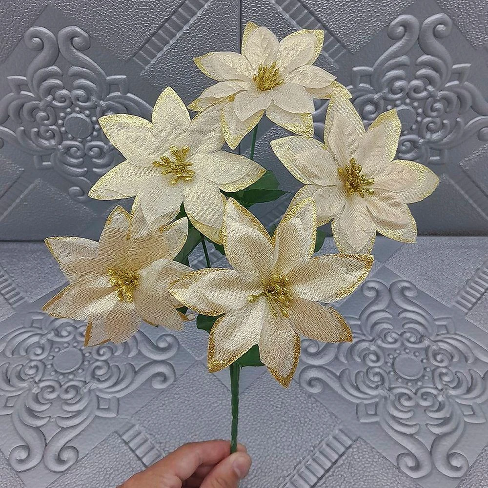 Buquê 5 Galhos Dourado Metalizados Natalino 30cm Kit 12pçs