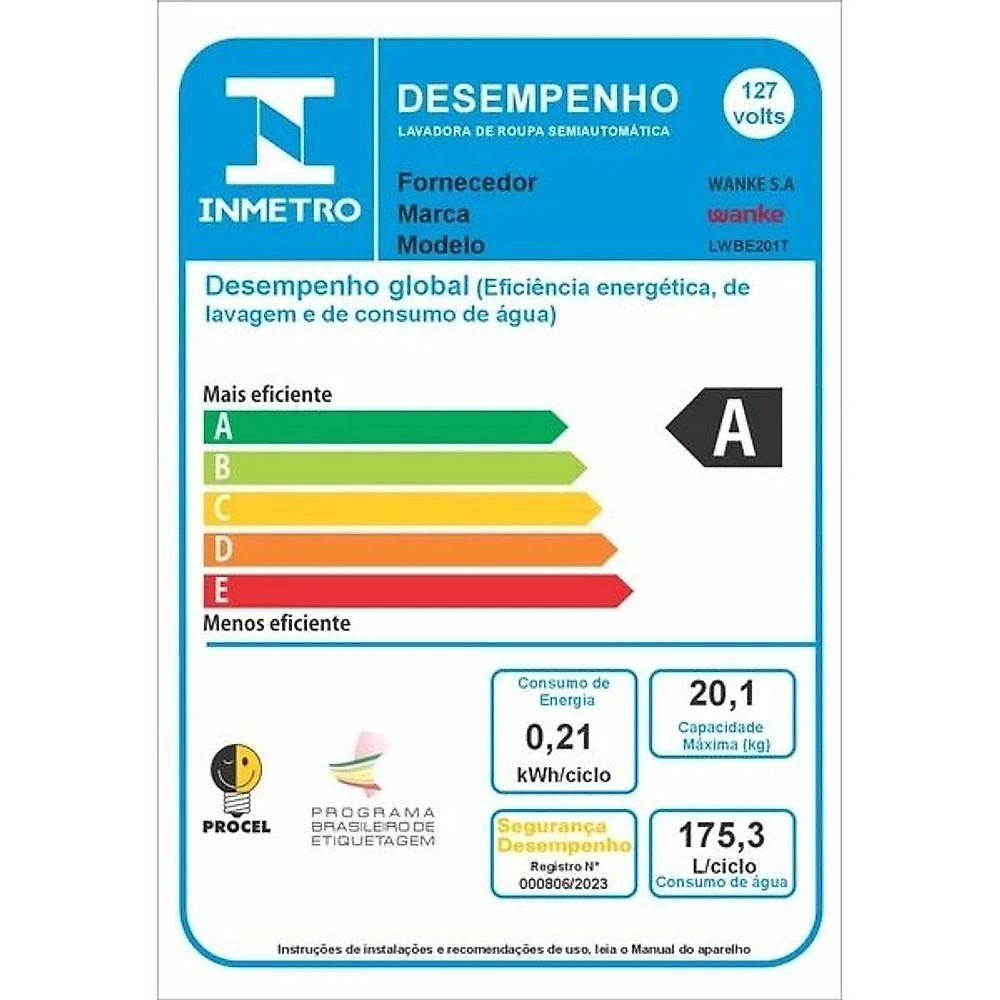 Lavadora De Roupas Semiautomática Premium 20 Kg Branca Wanke 220V