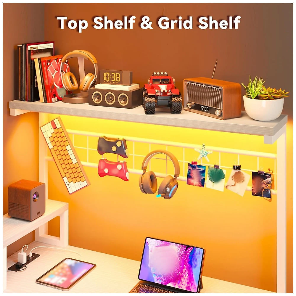 Mesa Gamer em L EnHomee 160 cm com Luzes LED e Tomadas Elétricas, Design Reversível com Prateleiras de Armazenamento e Ganchos, Suporte para Monitor