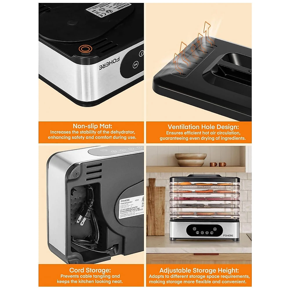 Desidratador de Alimentos FOHERE Preto 5 Bandejas 400W Timer 48h Controle Temperatura 120V