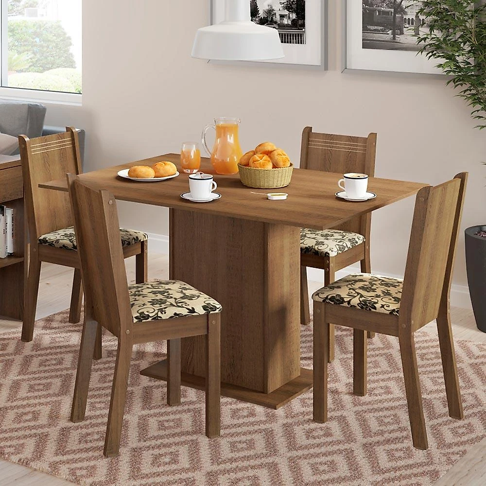 Conjunto sala de jantar lexy madesa mesa tampo de madeira com 4 cadeiras rustic/bege marrom