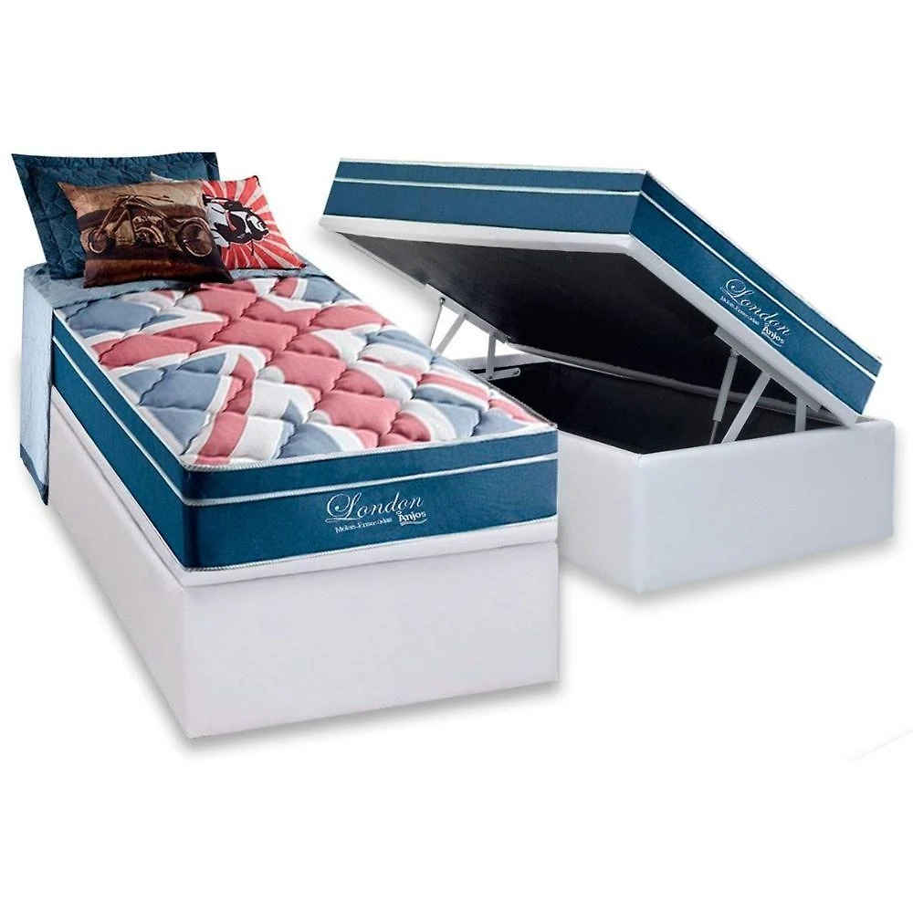 Cama Box Baú Solteiro: Colchão Molas Ensacadas D Angelis Anjos Superlastic London + Base Crc Courano White (88x188)