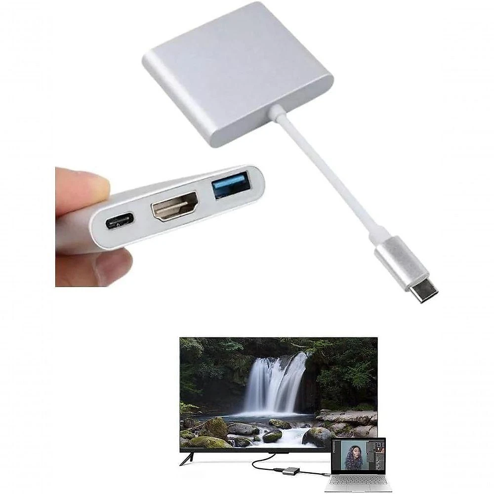 Adaptador Eleva Sua 3 em 1 HDMI 4K USB 3.0 e Power Delivery Liga Metálica