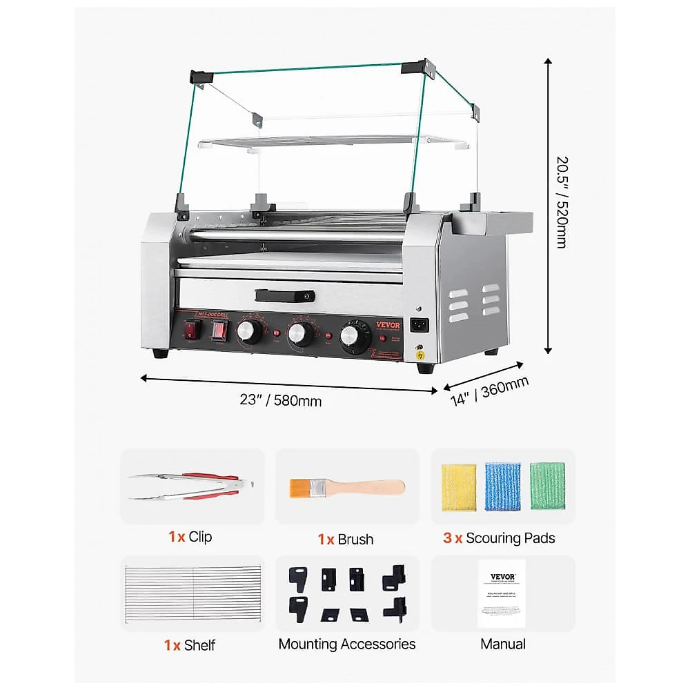 Máquina de Cachorro-Quente VEVOR, 18 Hot Dogs em 7 Rolos, Grill de Salsichas em Aço Inoxidável, 1200W com Aquecedor de Pães, Tampa,