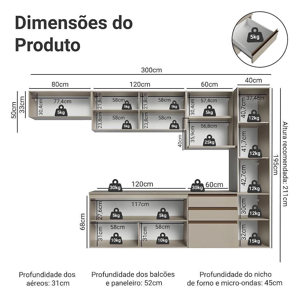 Armário De Cozinha Completa 300cm Suspensa Crema Nice Madesa 10 Crema